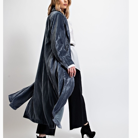 New! Easel Blue Velvet Maxi Coat - Picture 5 of 7